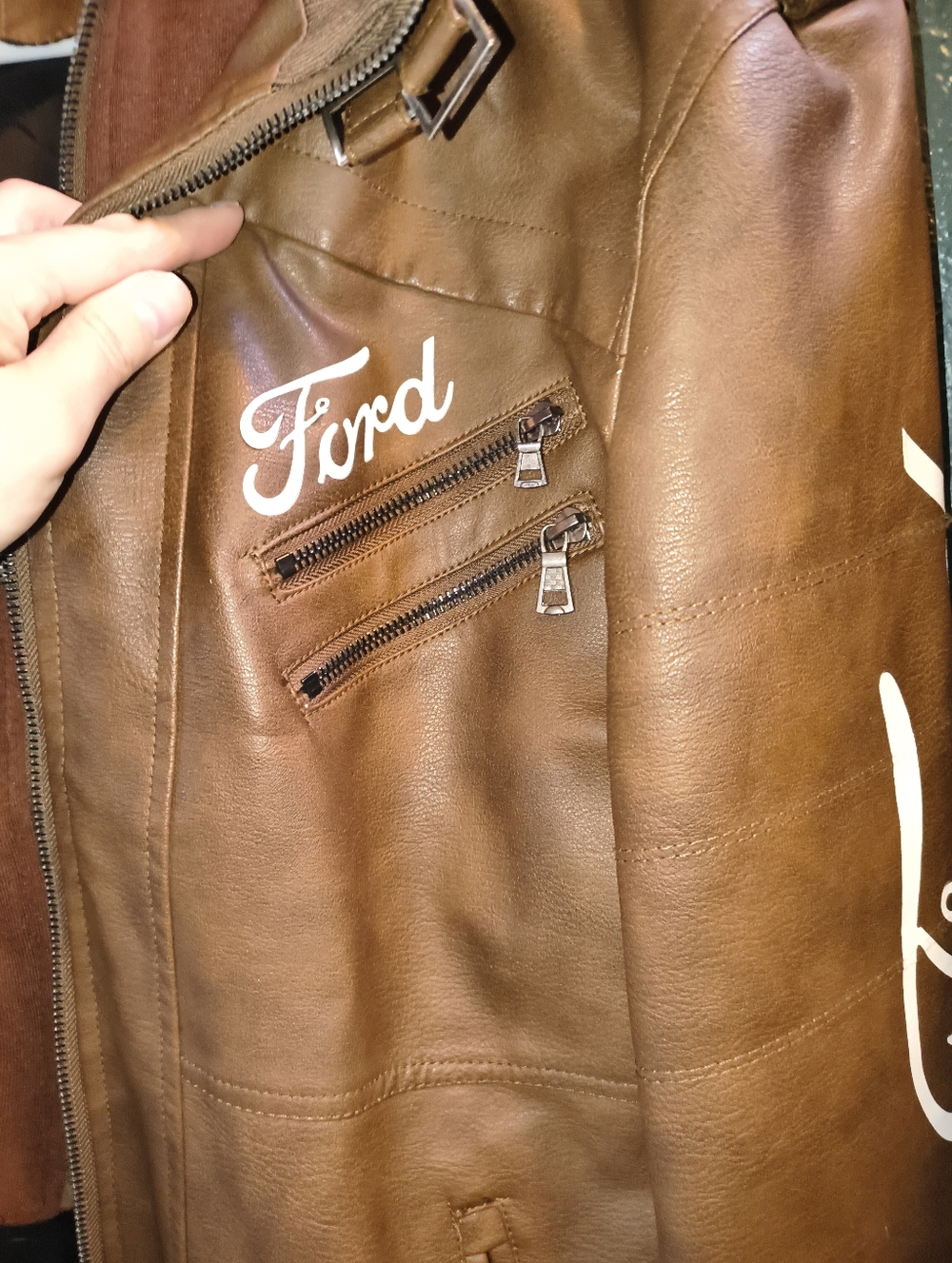 Woman's Brown Hooded Faux Leather Jacket with Ford Patch - Picture 3 of 14